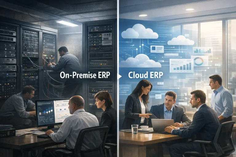 Enterprise ERP comparison image showing on-premise ERP systems managed inside a data center versus cloud ERP platforms enabling collaboration, scalability, and operational efficiency in modern businesses.