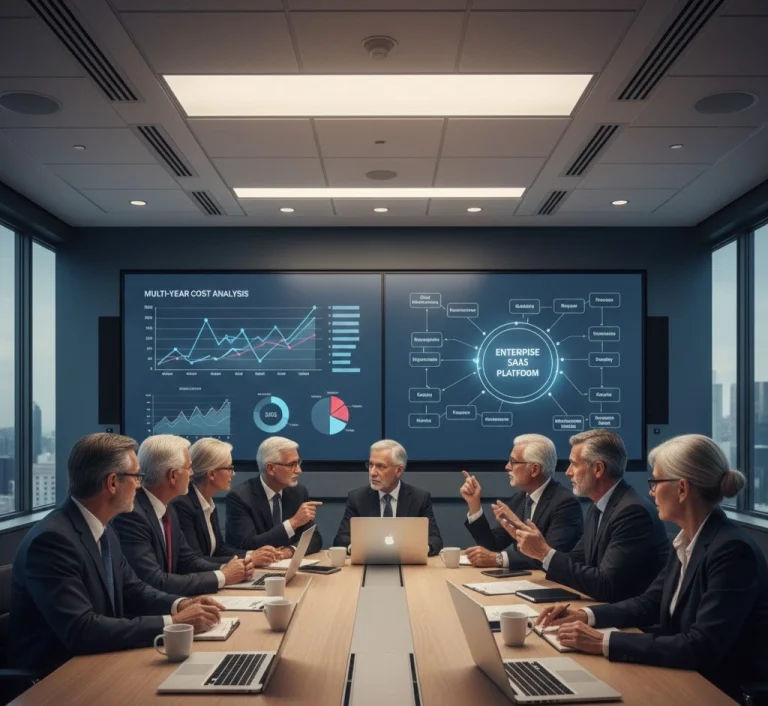 A realistic corporate boardroom scene featuring senior executives reviewing SaaS architecture and data dashboards on large screens, illustrating enterprise-level software decision-making in a modern office.