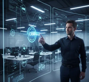 A professional IT operations room showing interconnected data systems and cloud infrastructure diagrams, illustrating CRM scalability and multi-team integration.