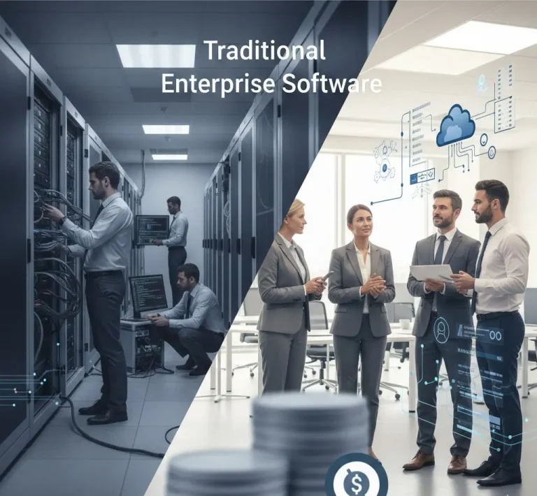 Enterprise SaaS versus traditional enterprise software illustrated through a corporate IT environment, showing cloud-based platforms enabling scalability and operational efficiency compared to on-premise infrastructure management.