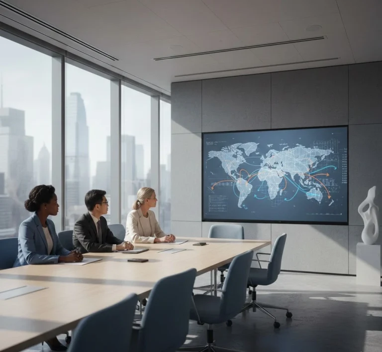 "Senior executives in a modern boardroom analyzing a CRM architectural blueprint on a large screen, representing CRM selection as a strategic business decision."