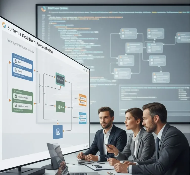 Enterprise low-code platform visualization showing business and IT teams building integrated applications through visual workflows, system connectors, and modular components, highlighting accelerated development, operational efficiency, and scalable enterprise software integration.
