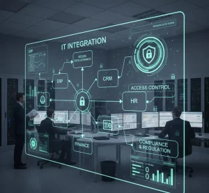 Enterprise CRM integration environment highlighting secure data exchange, compliance controls, and system governance