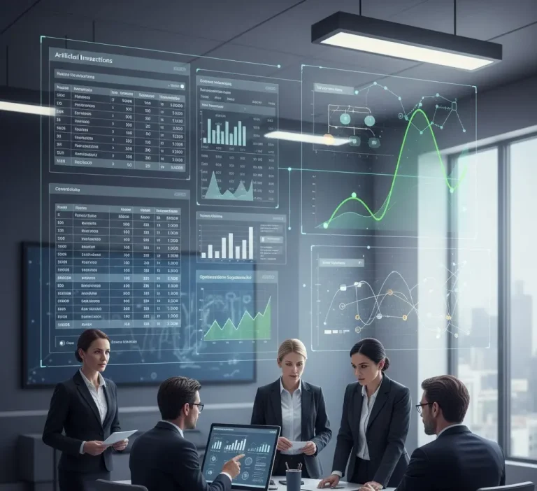 AI-powered ERP system visualization showing enterprise business processes enhanced by predictive analytics, intelligent automation, and data-driven decision support across finance, supply chain, and operations.