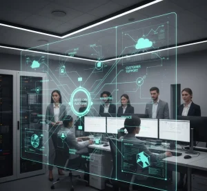 Enterprise CRM architecture showing scalable cloud infrastructure and multi-department system integration
