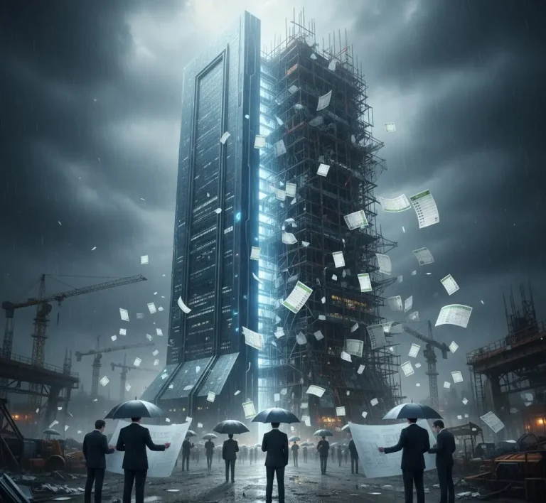 A Practical Review of Enterprise ERP Systems: What Large Organizations Learn After Implementation A conceptual digital art piece depicting the duality of ERP implementation. A glowing, futuristic monolith represents the vendor's promise, while a crumbling base supported by spreadsheets represents the operational reality and technical debt of large-scale software deployments.