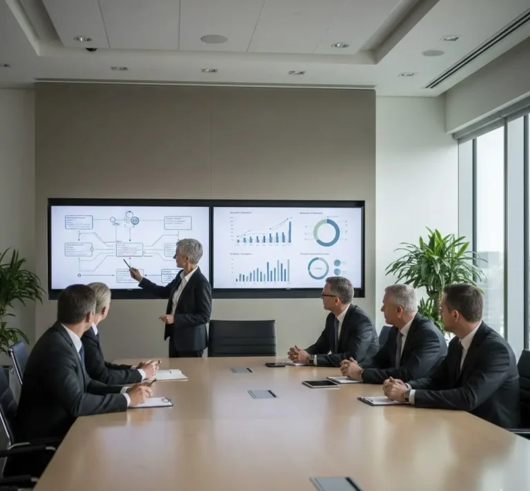 Enterprise executives analyzing CRM system cost, scalability, and long-term business impact in a corporate decision-making environment